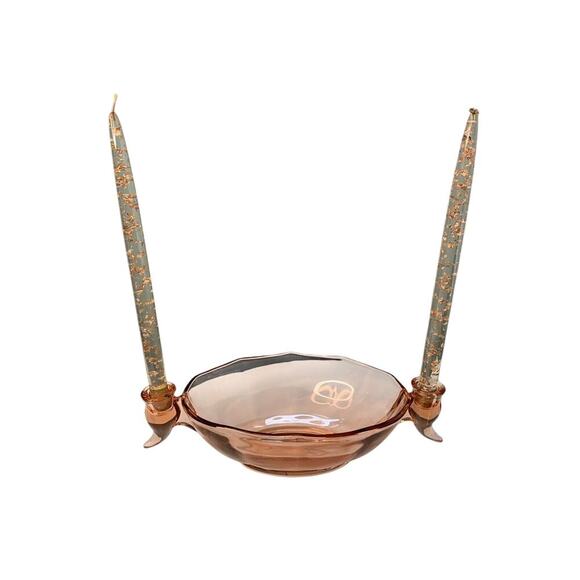 Fostoria Fairfax Pink Rose Depression Glass Vintage Oval Bowl w/ Candle Holder - Picture 9 of 13